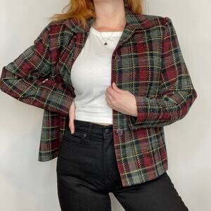 Vintage 90s Sag Harbor Olive & Burgundy Plaid Shacket Shirt Jacket Blazer Coat